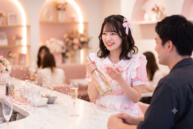 シャンパンボトルを男性におすすめするメイド服の女性