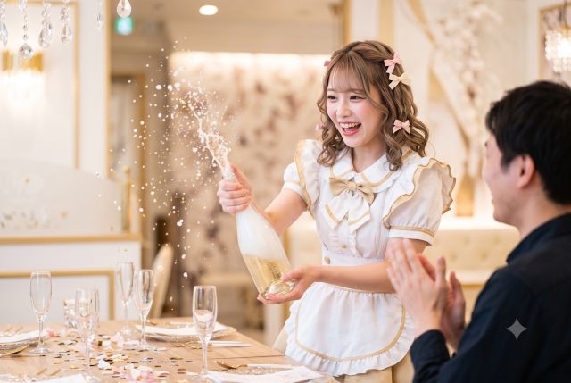 シャンパンボトルをあけるメイド服の女性