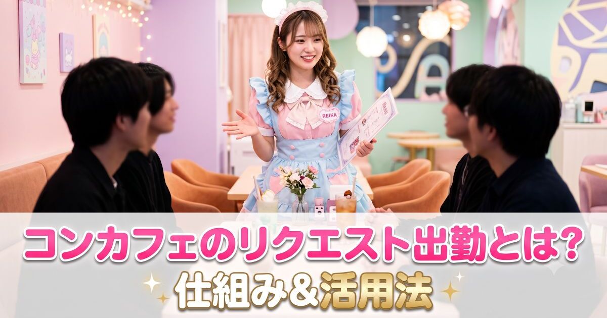 男性4人に囲まれるメイド服の女性