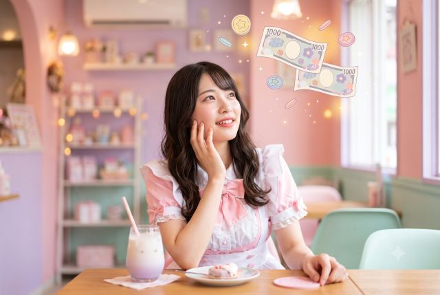 お金のマークを浮かべるメイド服の女性