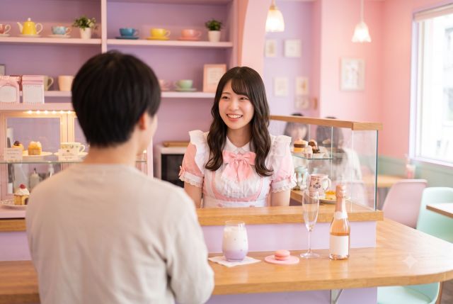 カウンター越しで男性と話すメイド服の女性