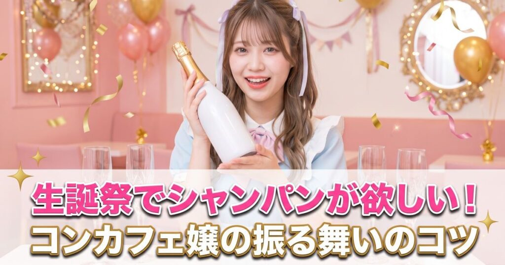 笑ってシャンパンを持っているメイド風の女性
