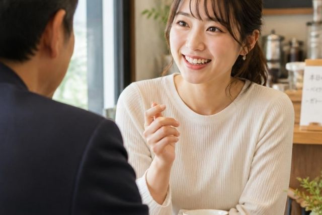 明るく受け答えする若い日本人女性