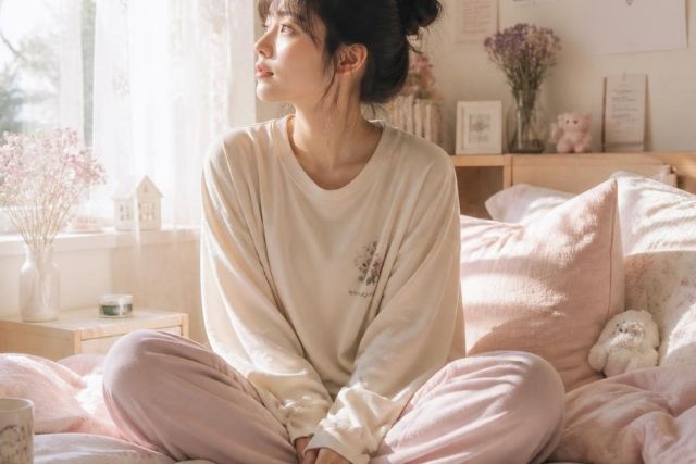 自宅の部屋で考えている様子の若い女性