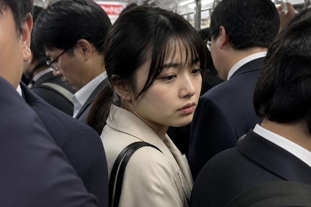 混雑する電車で疲れた様子で立つ女性