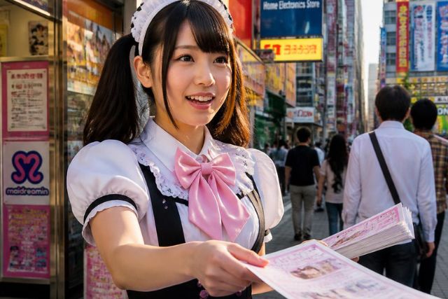 街中でチラシが配るメイド嬢