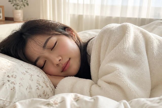 ベッドで眠っている若い女性