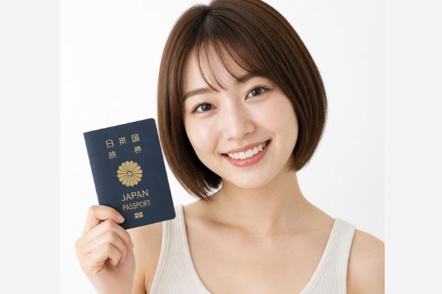 パスポートを見せてほほえむ若い女性