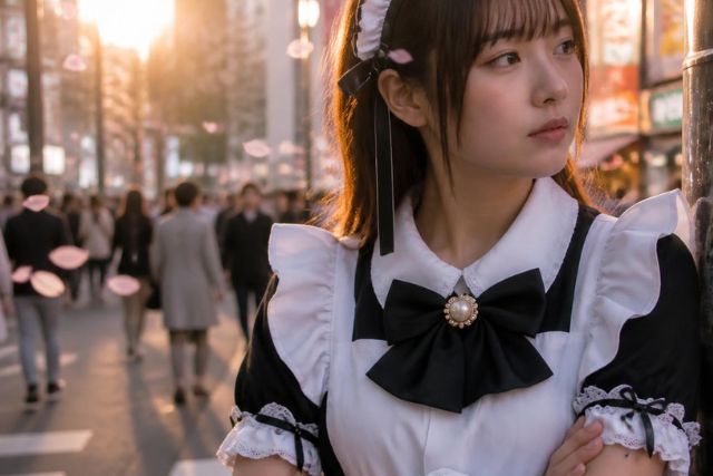 街中で考えている様子のメイド嬢