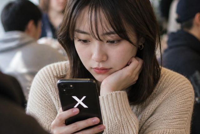 スマホを真剣なまなざしで見つめる若い女性