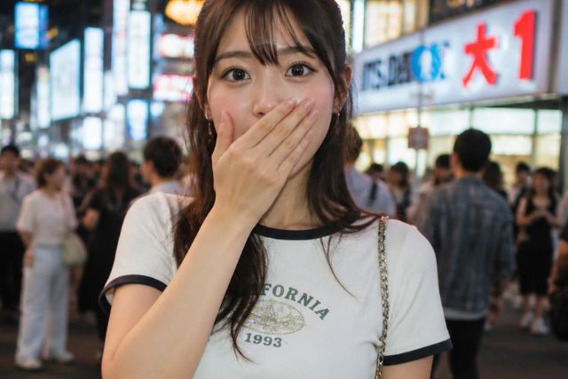 口を押えてびっくりした様子の若い日本人女性