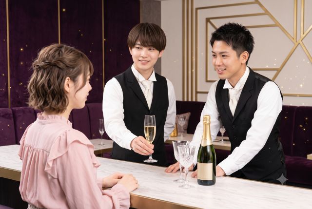 お酒を出す男性ともらう女性客