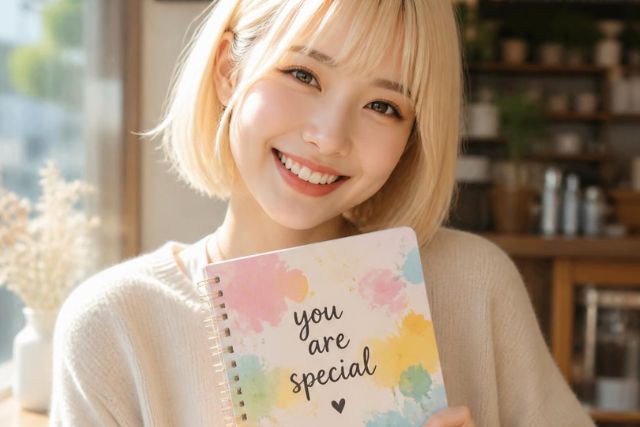 あなたが特別と書かれたノートを持ってほほ笑む金髪女性