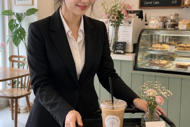 コーヒーを運ぶビジネススーツ姿の女性