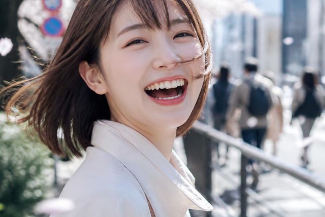 楽しそうに笑っているボブヘアの女性