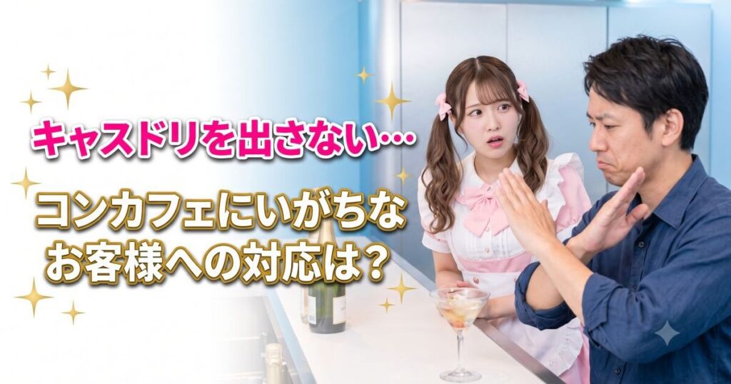 不満そうな男性を見つめるメイド服の女性