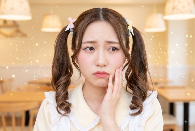 頬に手を当てて不安そうな表情をする女性