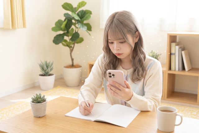 携帯を見ながら紙に書く女性
