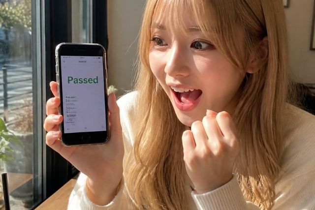合格と書かれたスマホを見せて喜ぶ金髪女性