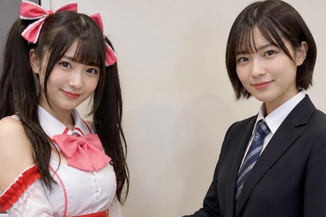 メイド嬢と男装するボブヘアの若い日本人の女性