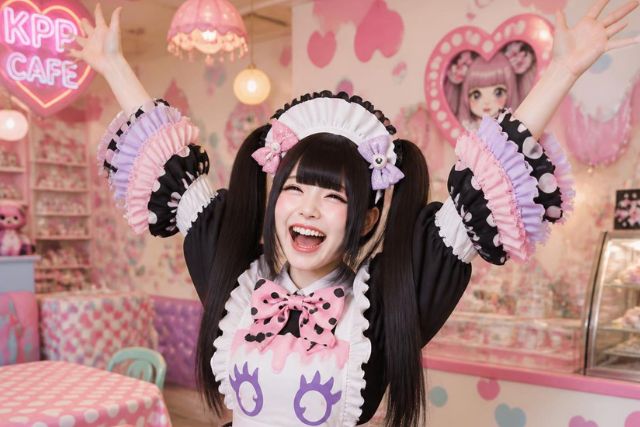 嬉しそうに両手を上げて喜んでいる様子のツインテールのメイド嬢